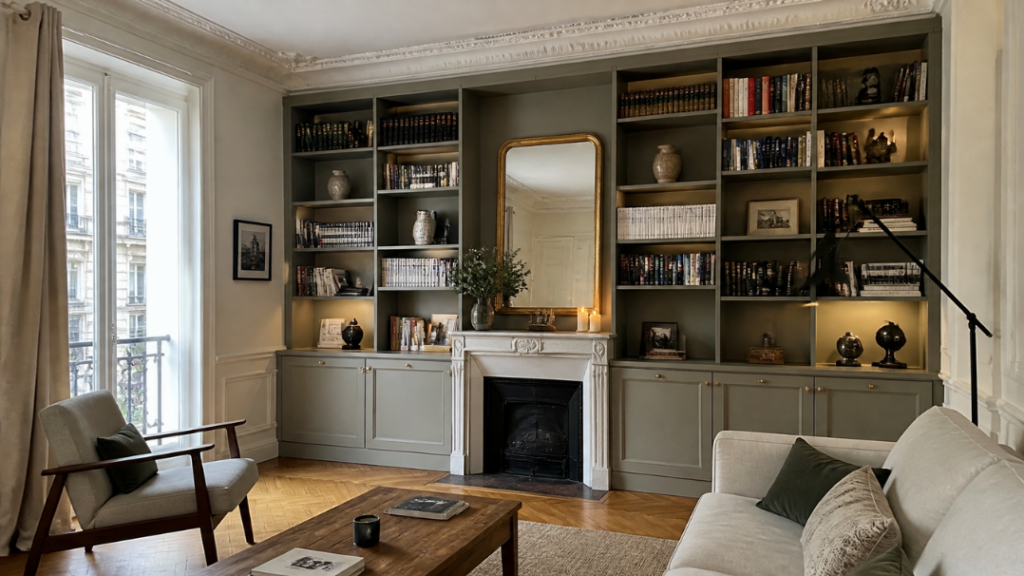 Bibliothèque sur mesure intégrée dans un salon d'un appartement ancien à Saint-Germain-en-Laye