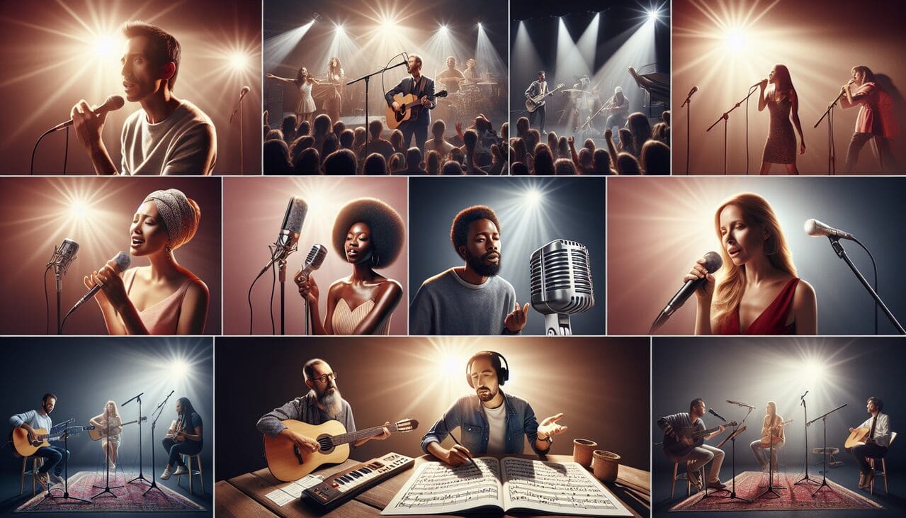 Chanteur en C français dans diverses scènes - artistes chantant, jouant de la guitare, tenant un micro, entourés de notes musicales.
