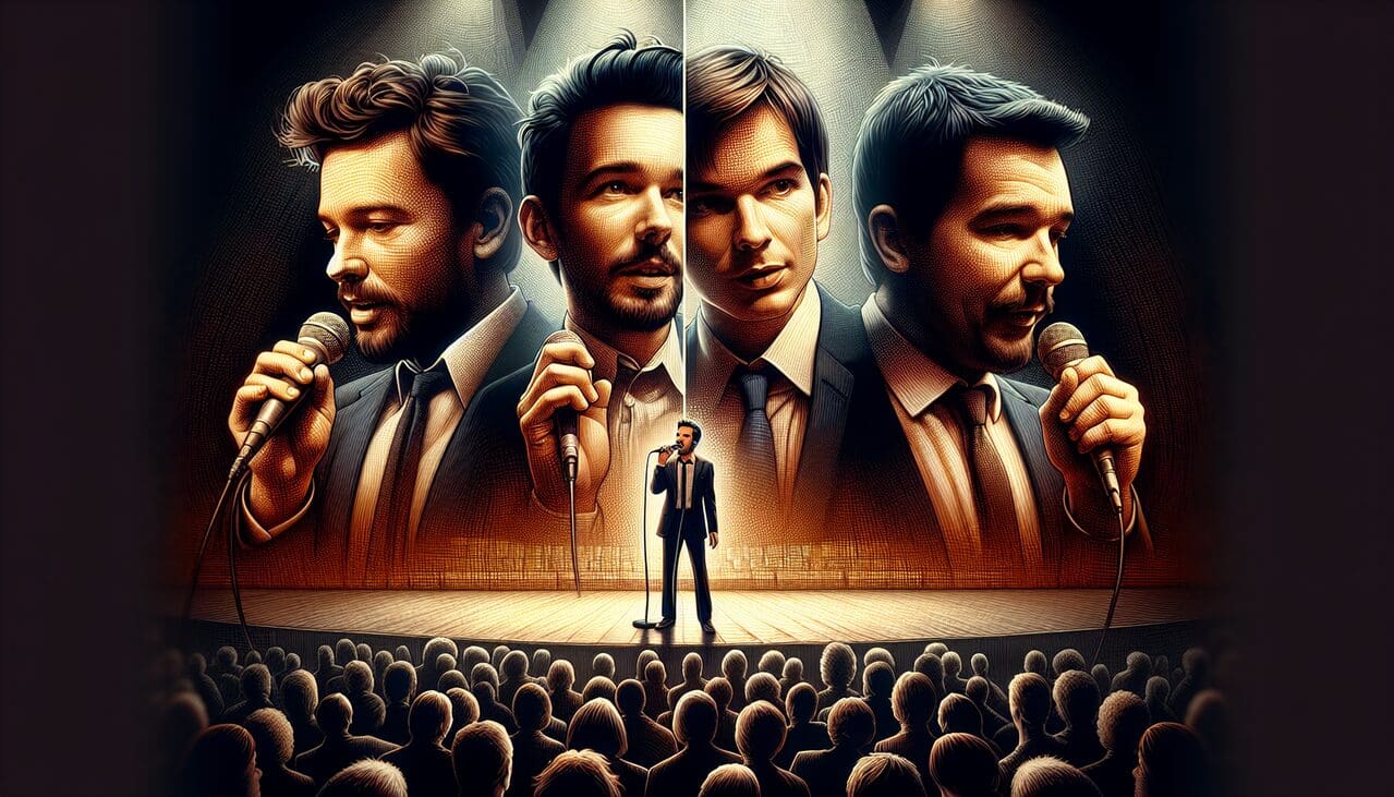 Chanteur en H sur scène performant avec micros, public flouté, textures riches et couleurs vives.