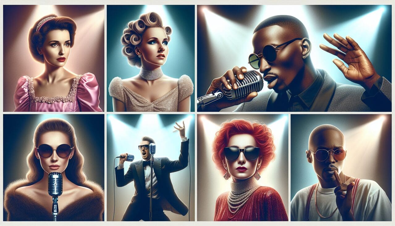 Chanteur en M, collage d'artistes français, Mireille Mathieu, MC Solaar, Mylène Farmer.