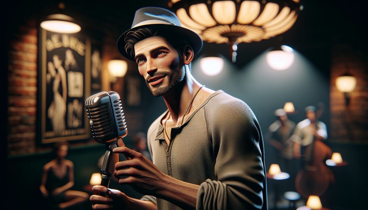 Chanteur Olivier Dion en concert vintage.