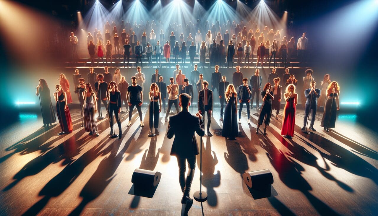 Chanteur en Q sur scène lors d'un concert dynamique, diversité de styles et émotions.
