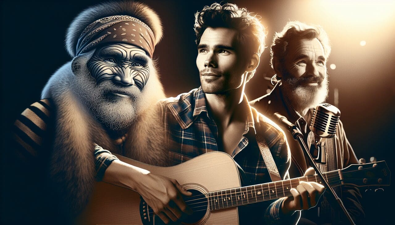 Chanteur Renaud jouant de la guitare, Raphaël au micro, Roch Voisine avec guitare. Silhouette de foule en fond.