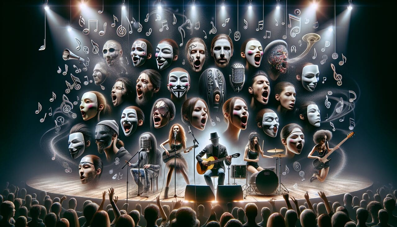 Chanteur en S sur scène, entouré de notes de musique et d'un effet de lumière tamisée.