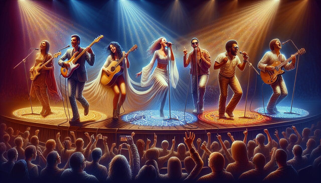 Chanteurs en T français en concert, chacun exprimant son style musical unique, entourés d'un public.