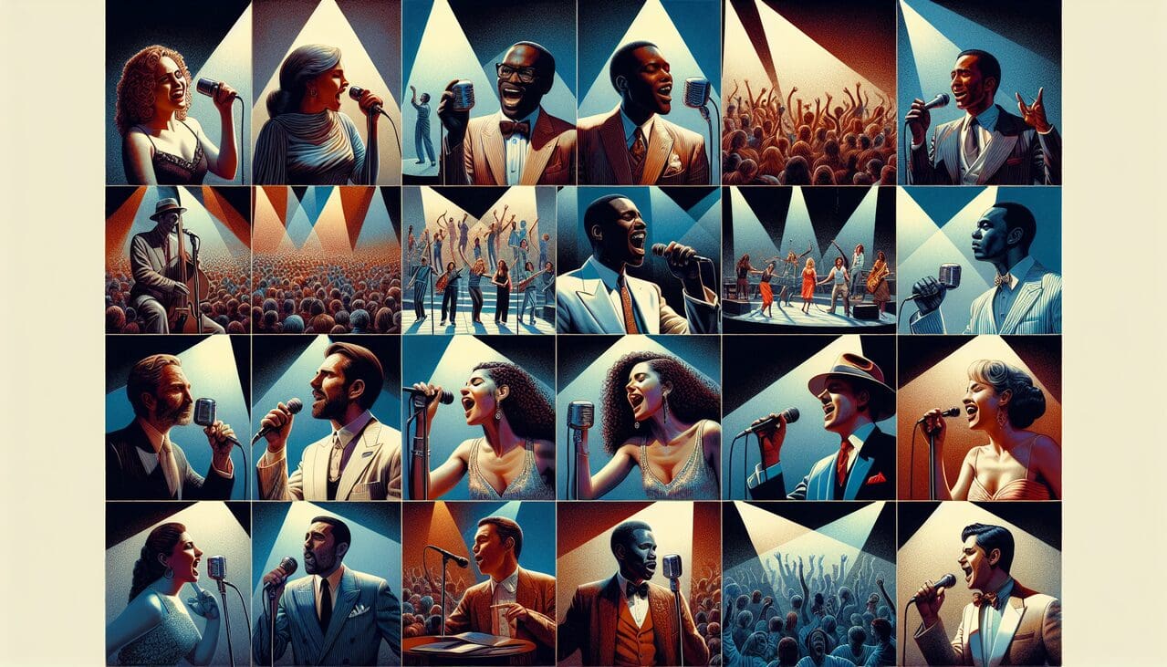 Chanteur en W performant sous les projecteurs, capturant l'intensité du moment.