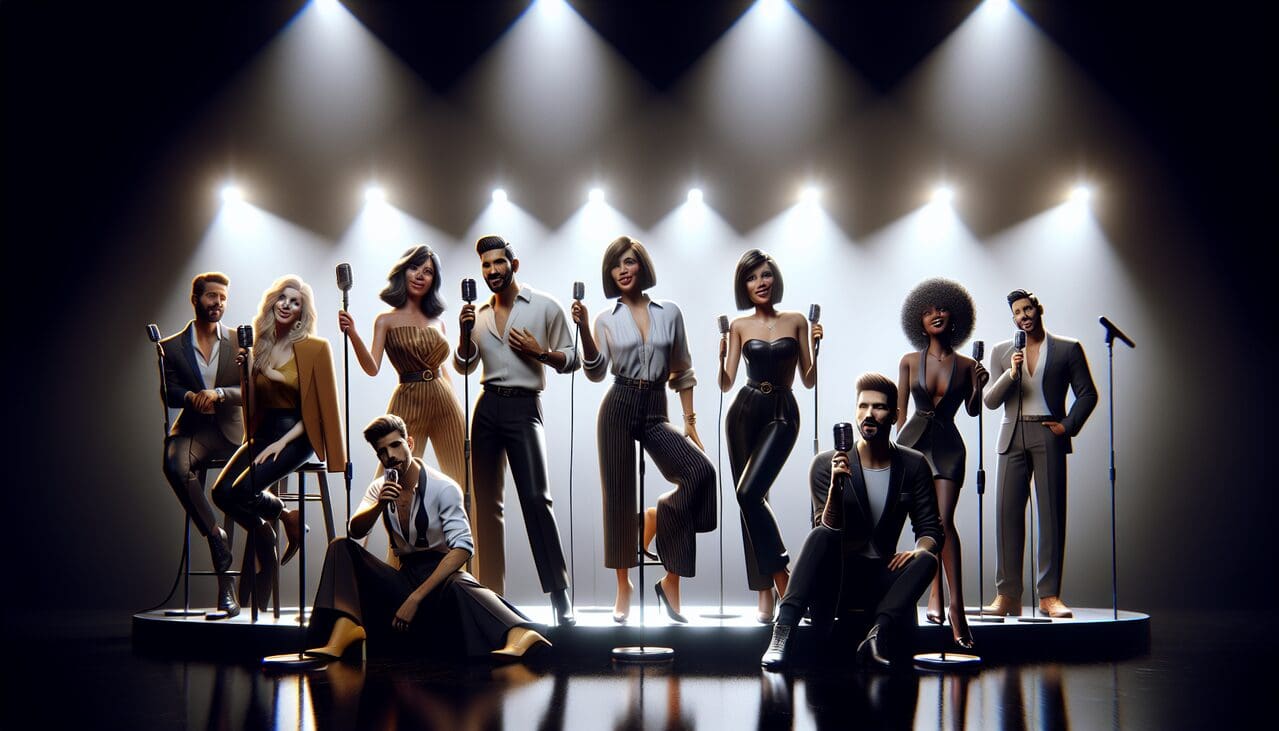 Chanteurs en Y en studio avec micros. --- 100 caractères