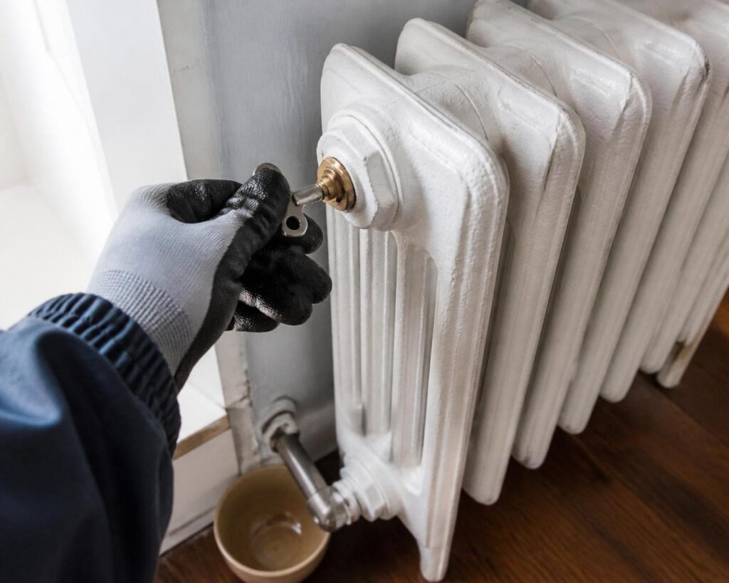Clé de purge positionnée sur la vis de purge d'un radiateur en fonte ancien