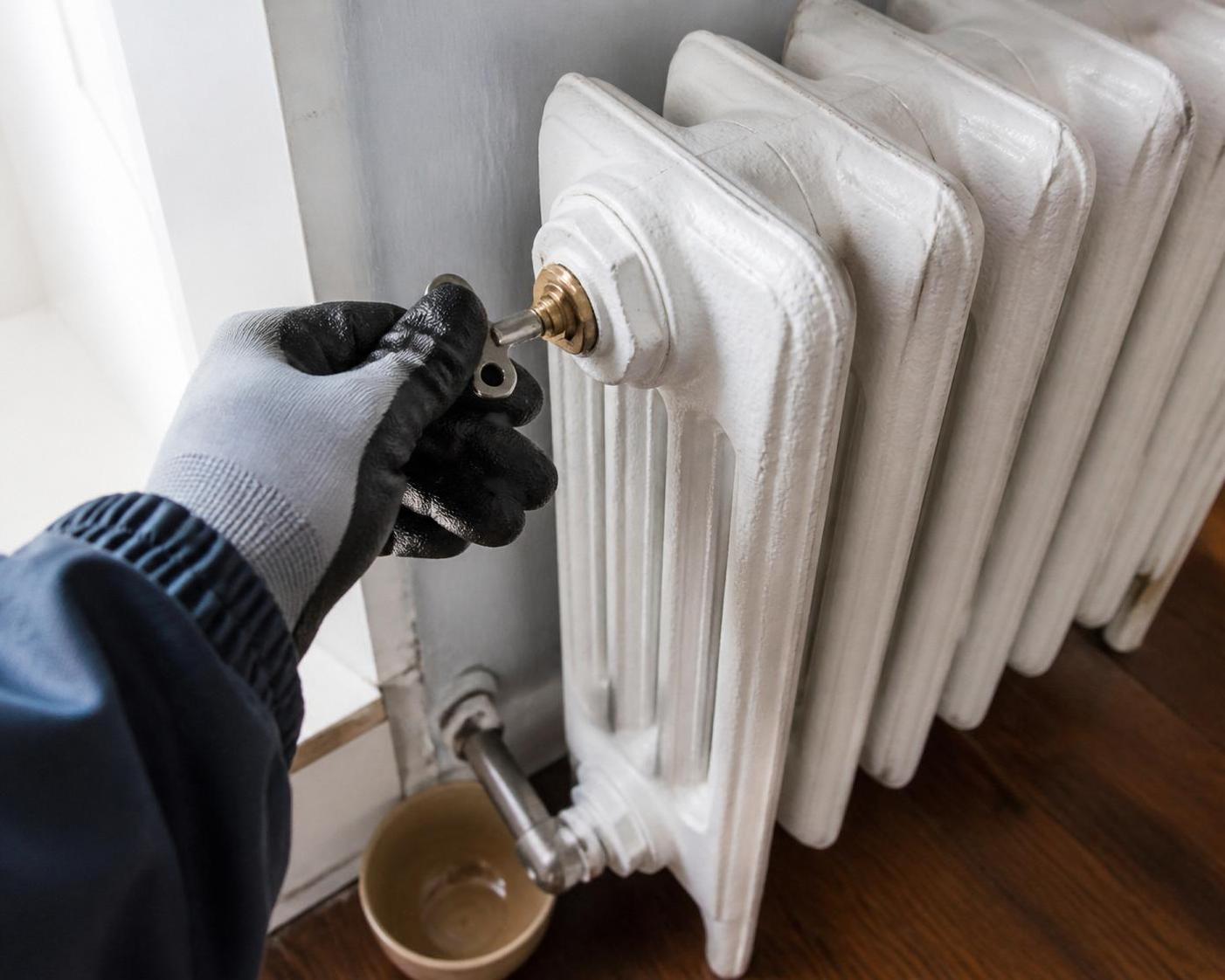 Clé de purge positionnée sur la vis de purge d'un radiateur en fonte ancien
